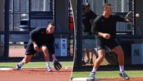 Aaron Judge lanza a la primera base durante la práctica de primavera de los Yankees