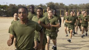 U.S. Marine Corps recruits with Bravo Company, 1st Recruit Training Battalion, run during a physical training session at Marine Corps Recruit Depot San Diego.