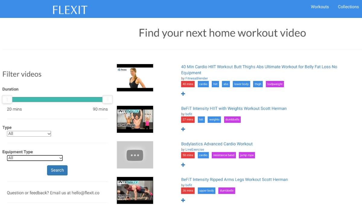 Flexit ha compilado cientos de videos de rutinas de entrenamiento de YouTube de alta calidad y permite filtrar por tipo de ejercicio, duración y equipo